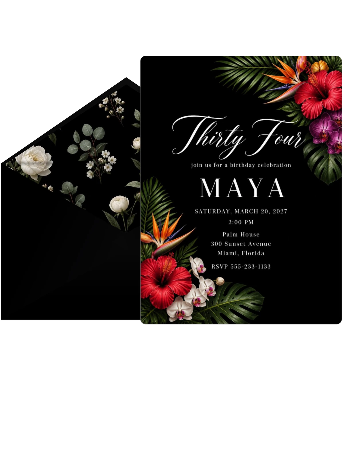 Black Floral 34th Birthday Invitation