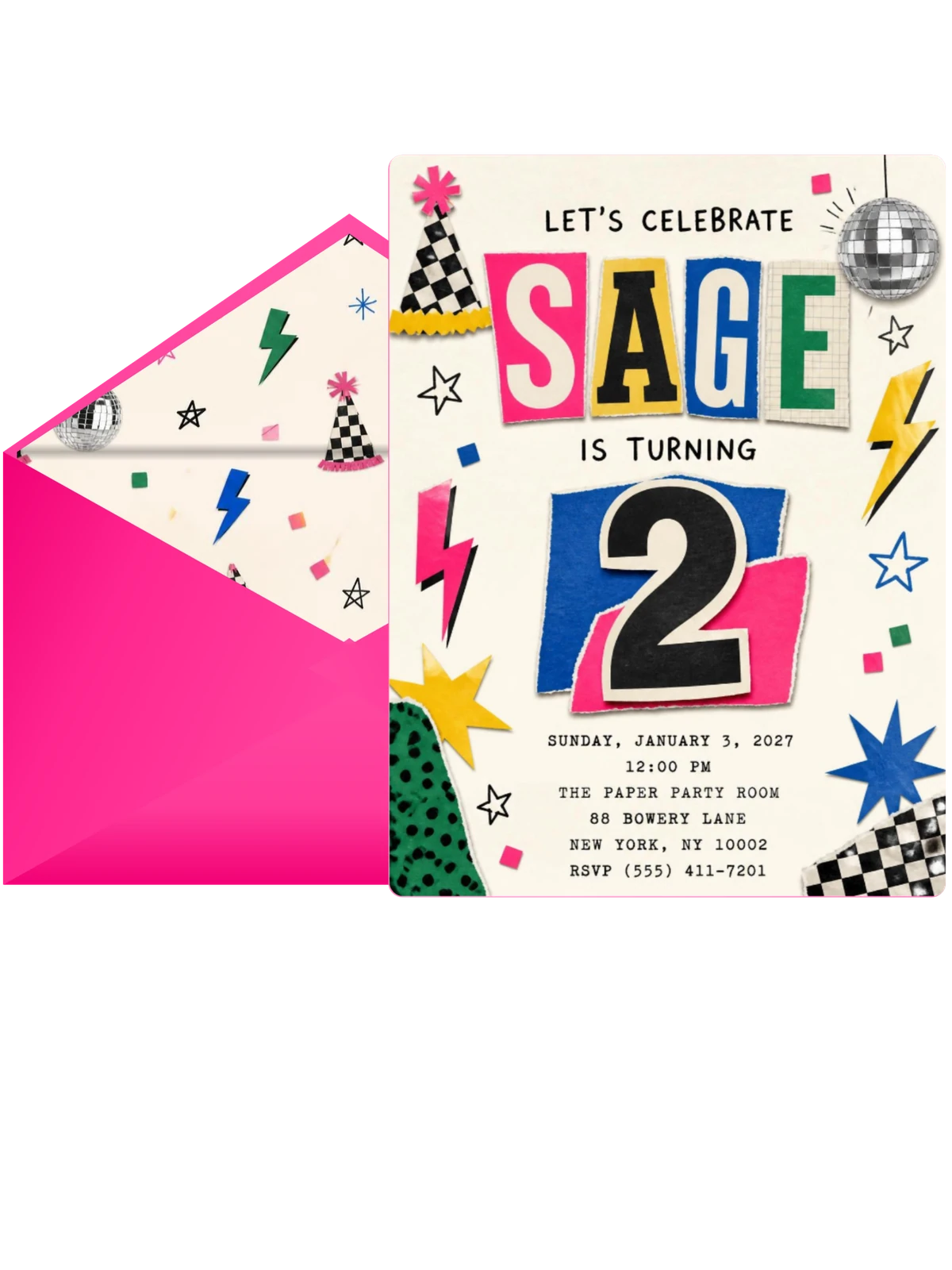 Retro Paper Collage 2nd Birthday Invitation