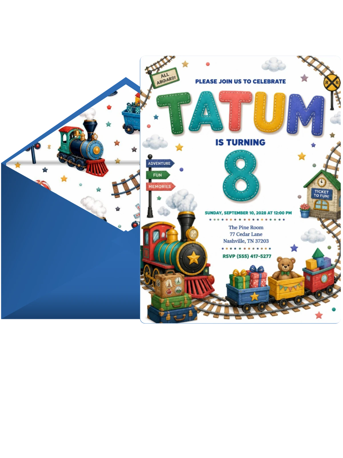 Stitched Train 8th Birthday Invitation