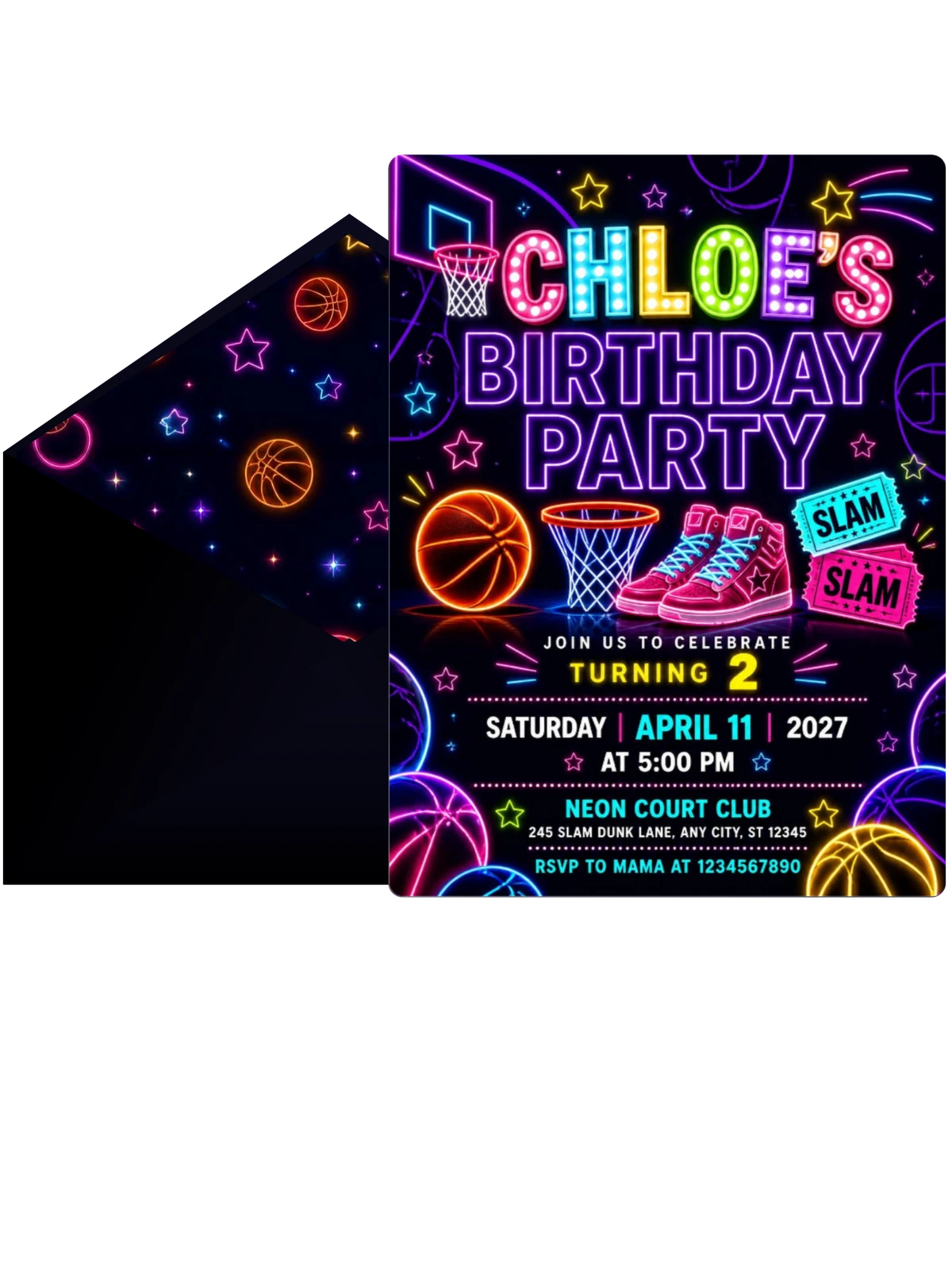 Neon Basketball 2nd Birthday Invitation