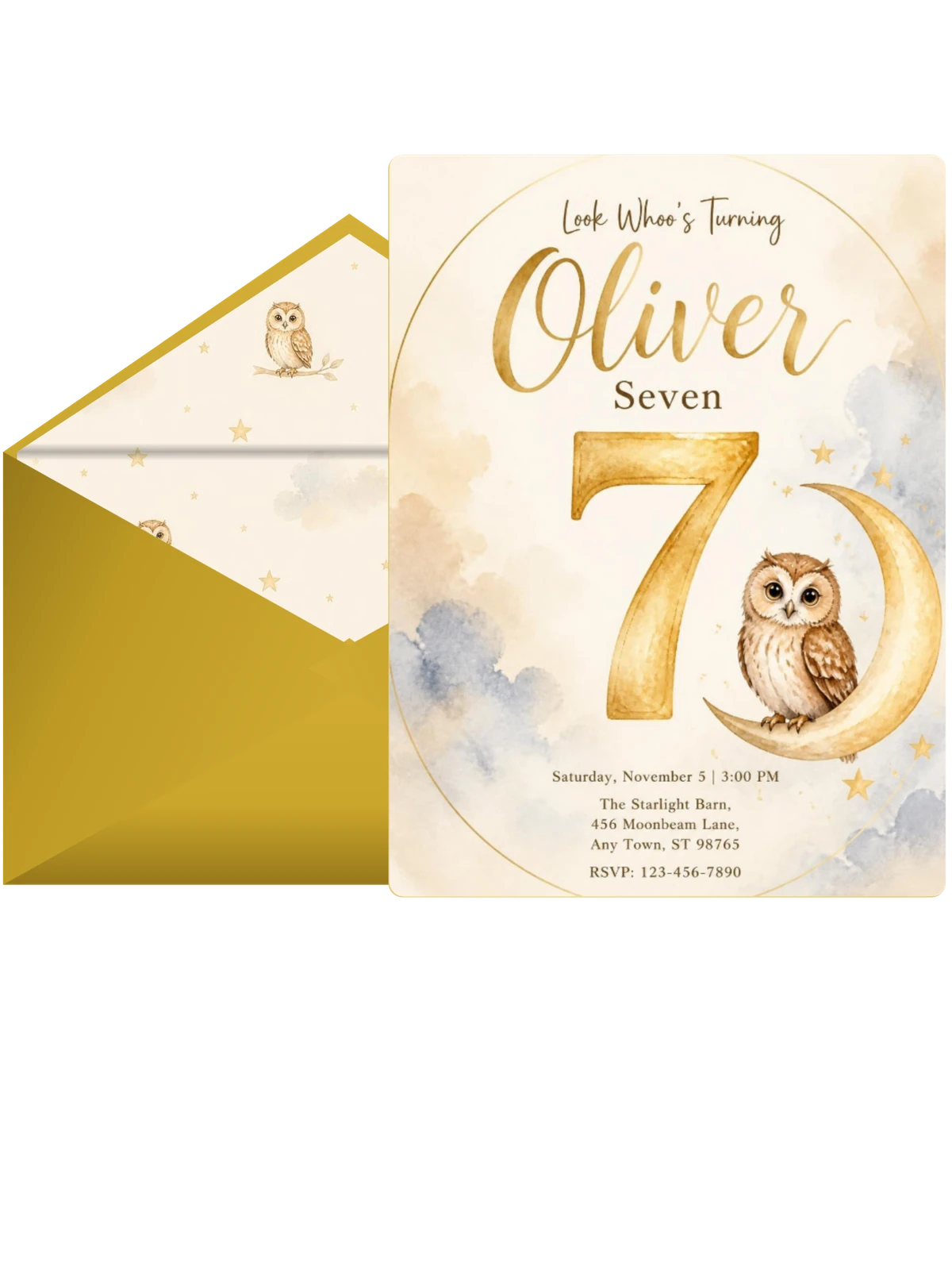 Watercolor Crescent Moon Owl 7th Birthday