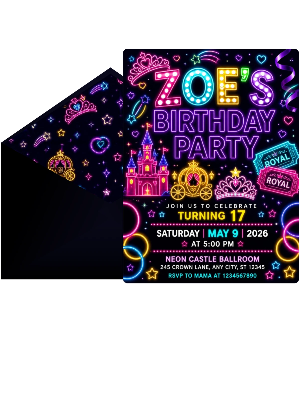 Neon Princess 17th Birthday Invitation