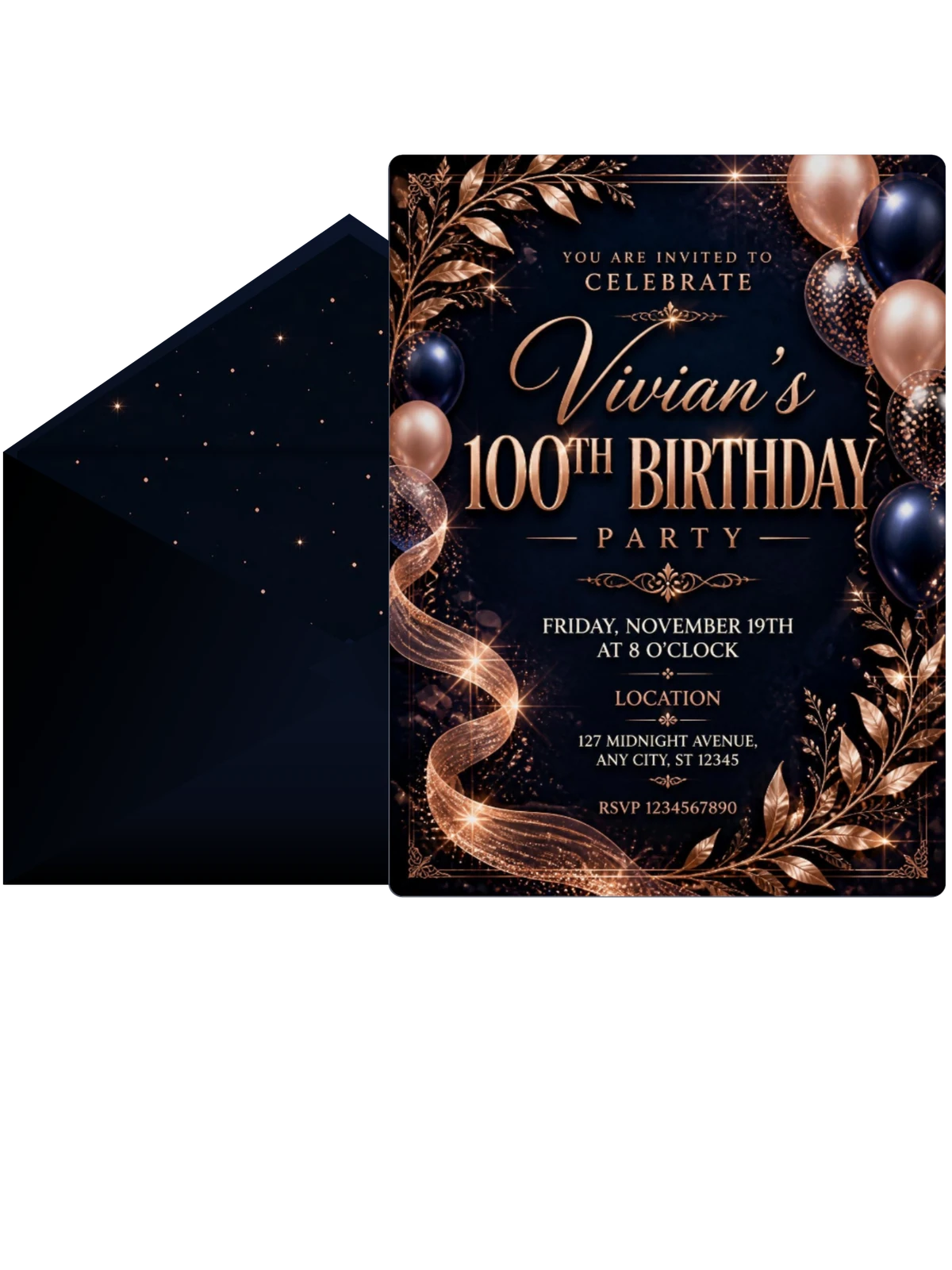 Navy and Rose Gold 100th Birthday Invitation