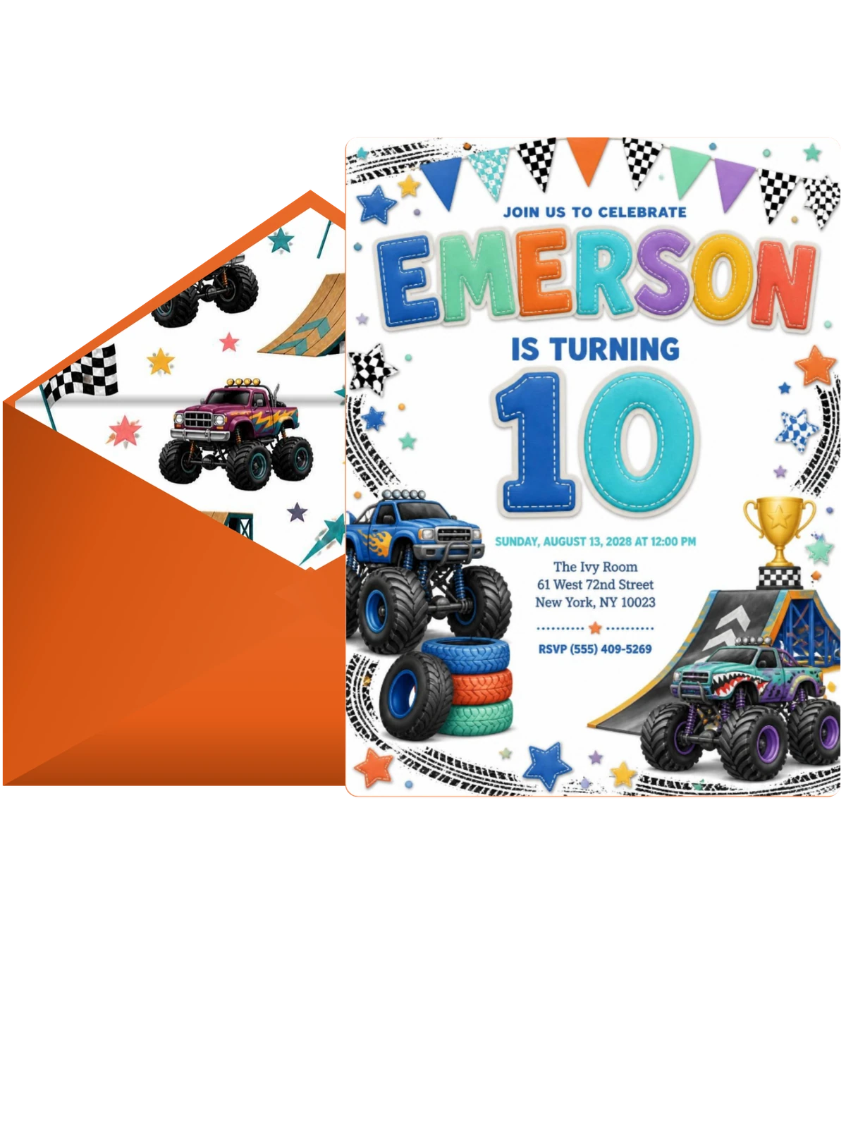 Stitched Monster Truck 10th Birthday Invitation