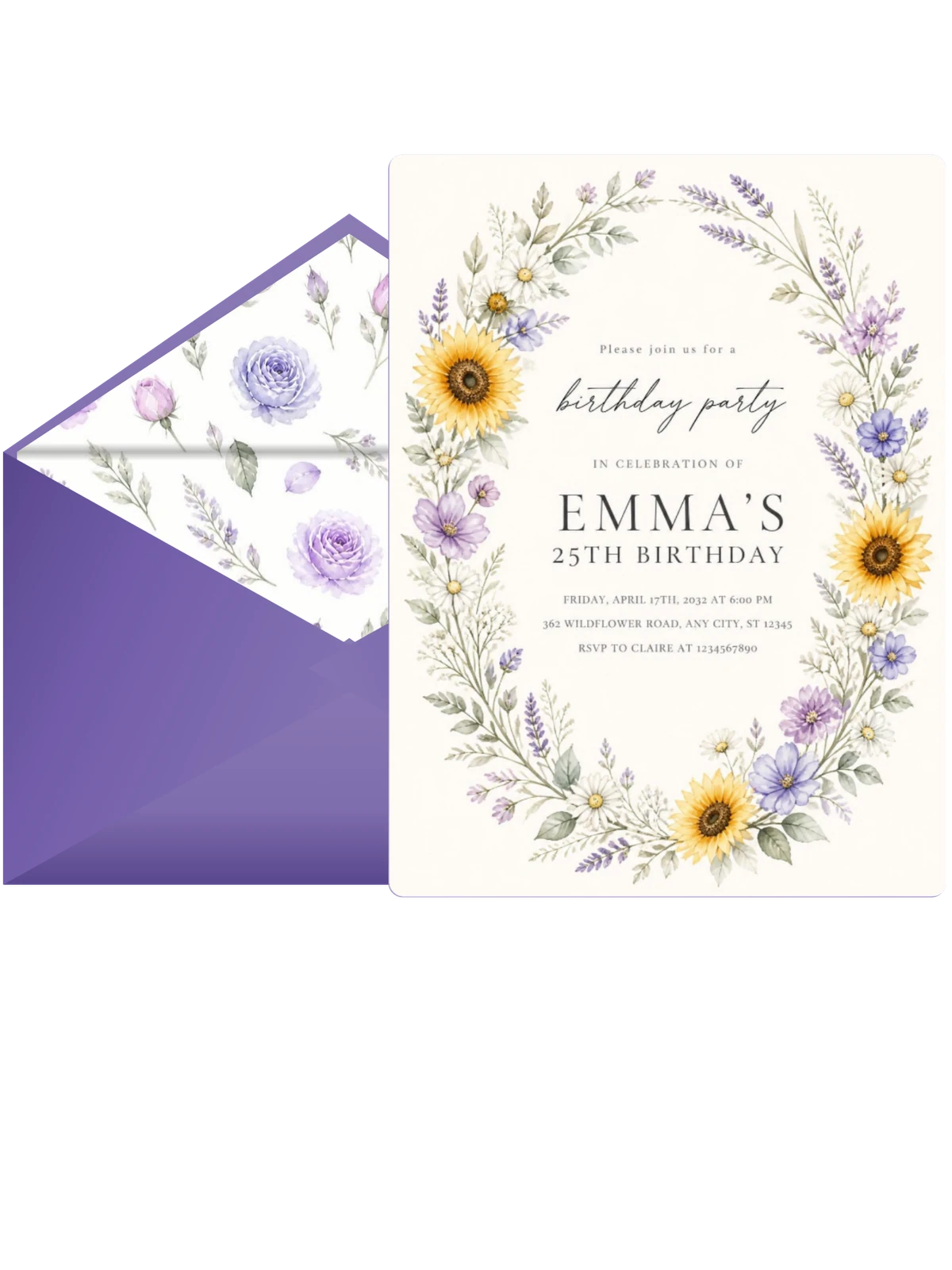 Wildflower Wreath Lavender 25th Birthday Invitation