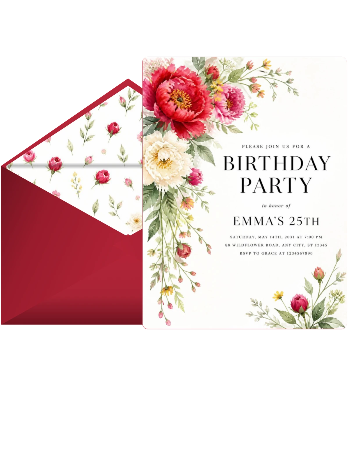 Botanical Bouquet Scarlet 25th Birthday Invitation