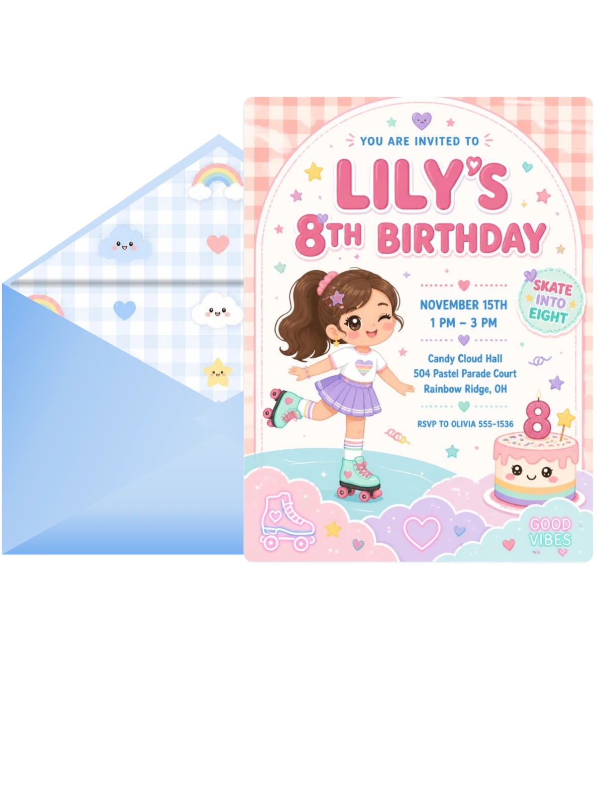 Kawaii Roller Skater 8th Birthday Invitation