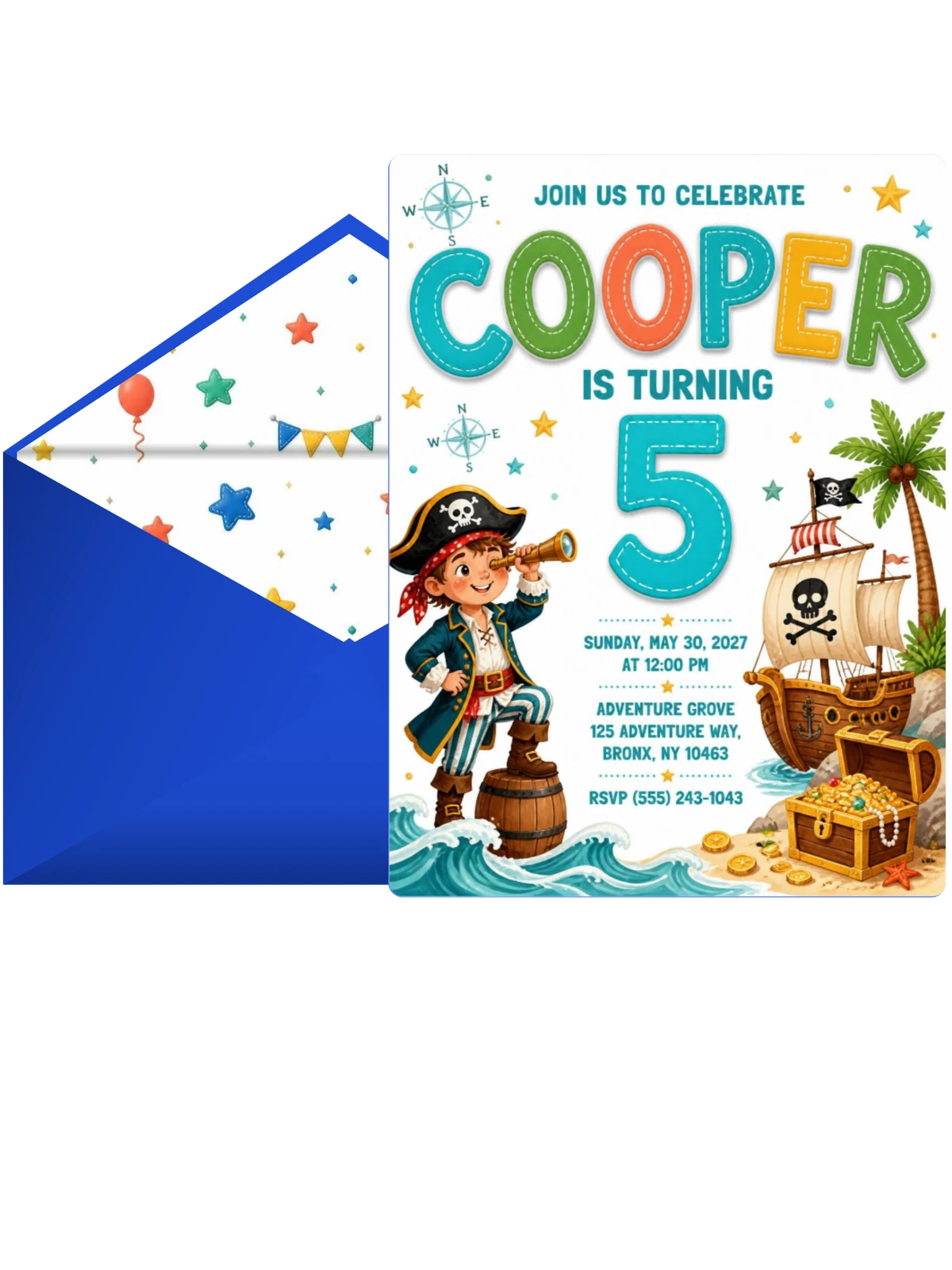 Stitched Pirate Island 5th Birthday Invitation