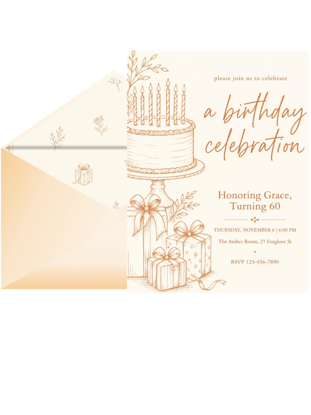 Bronze Illustration 60th Birthday Cake Invitation