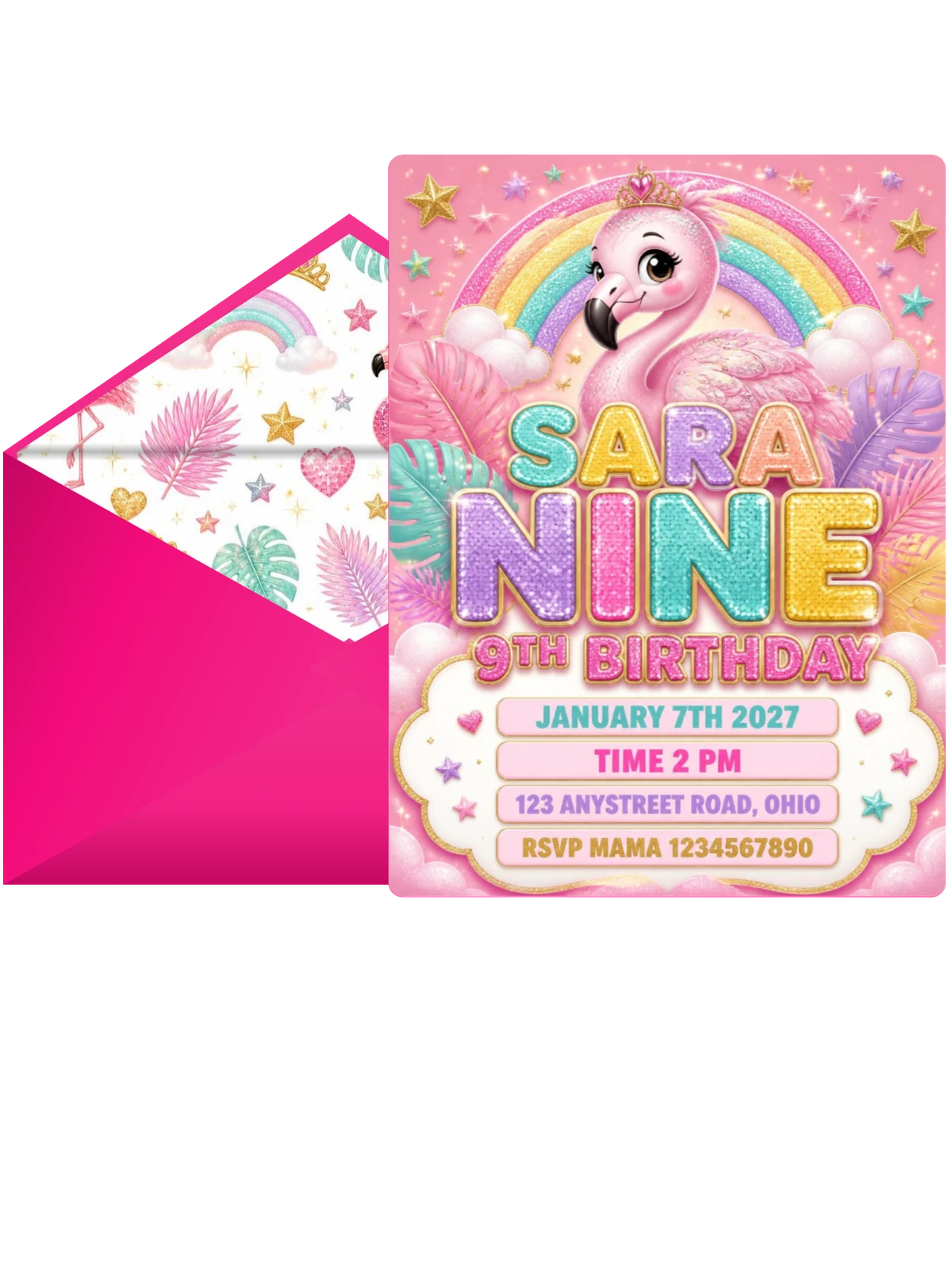 Glitter Flamingo 9th Birthday Invitation