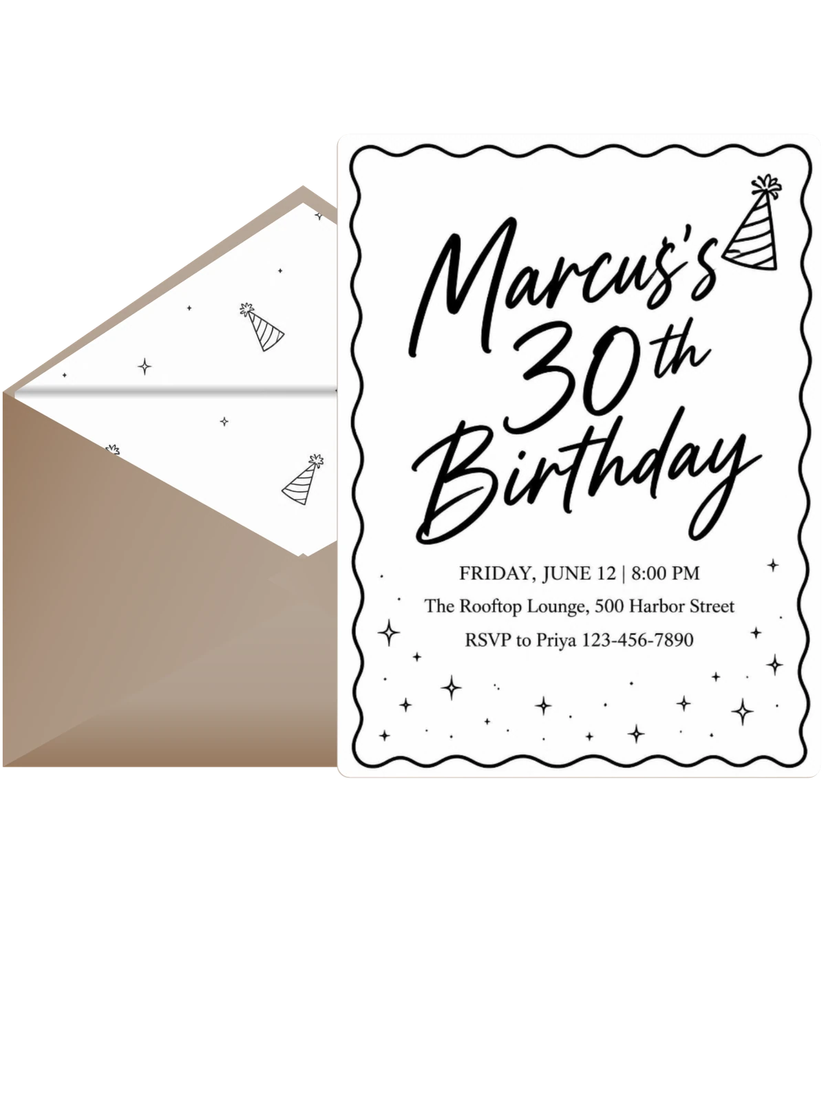 Black and White Scalloped 30th Birthday Invitation