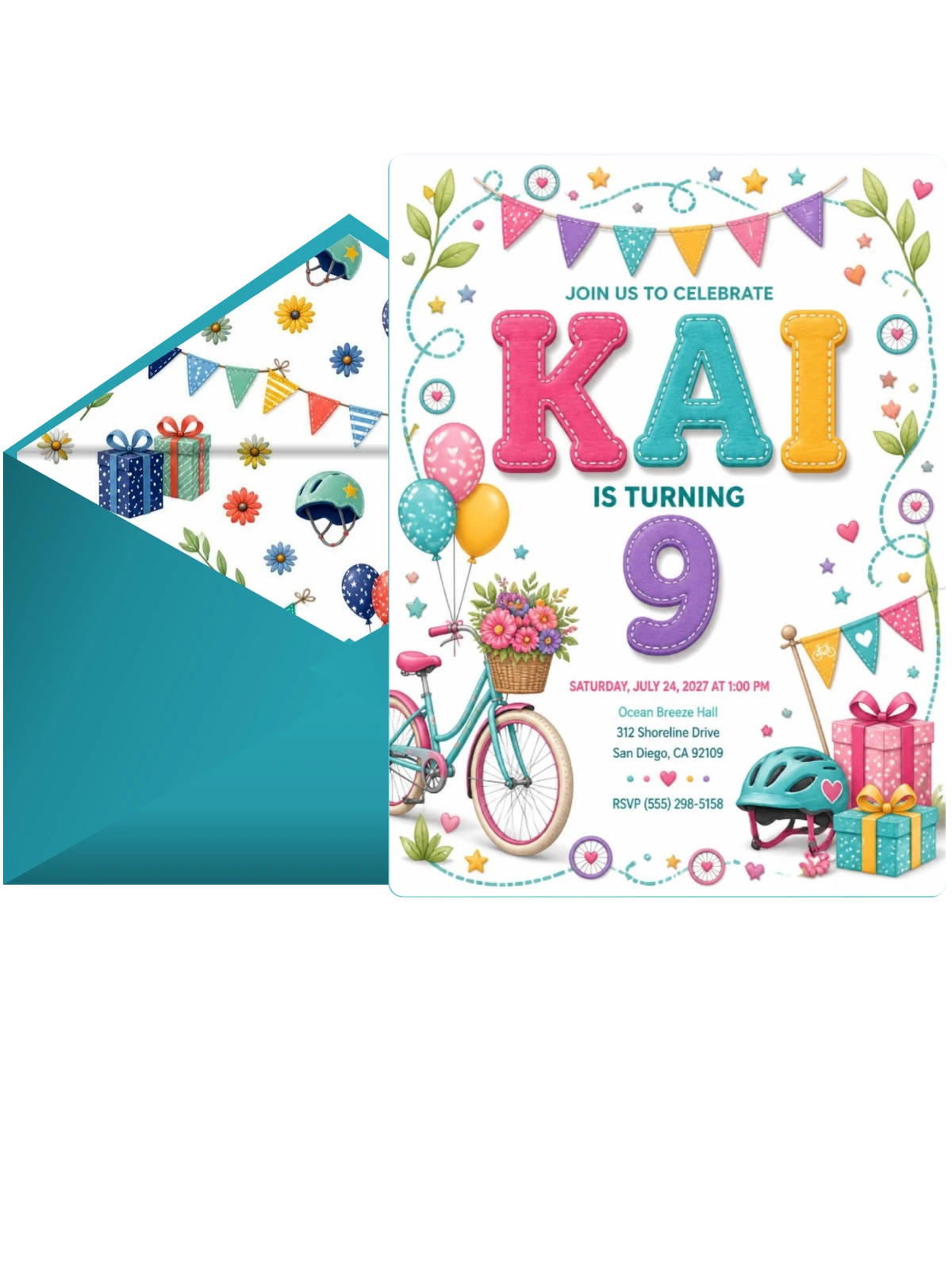 Stitched Bike Ride 9th Birthday Invitation