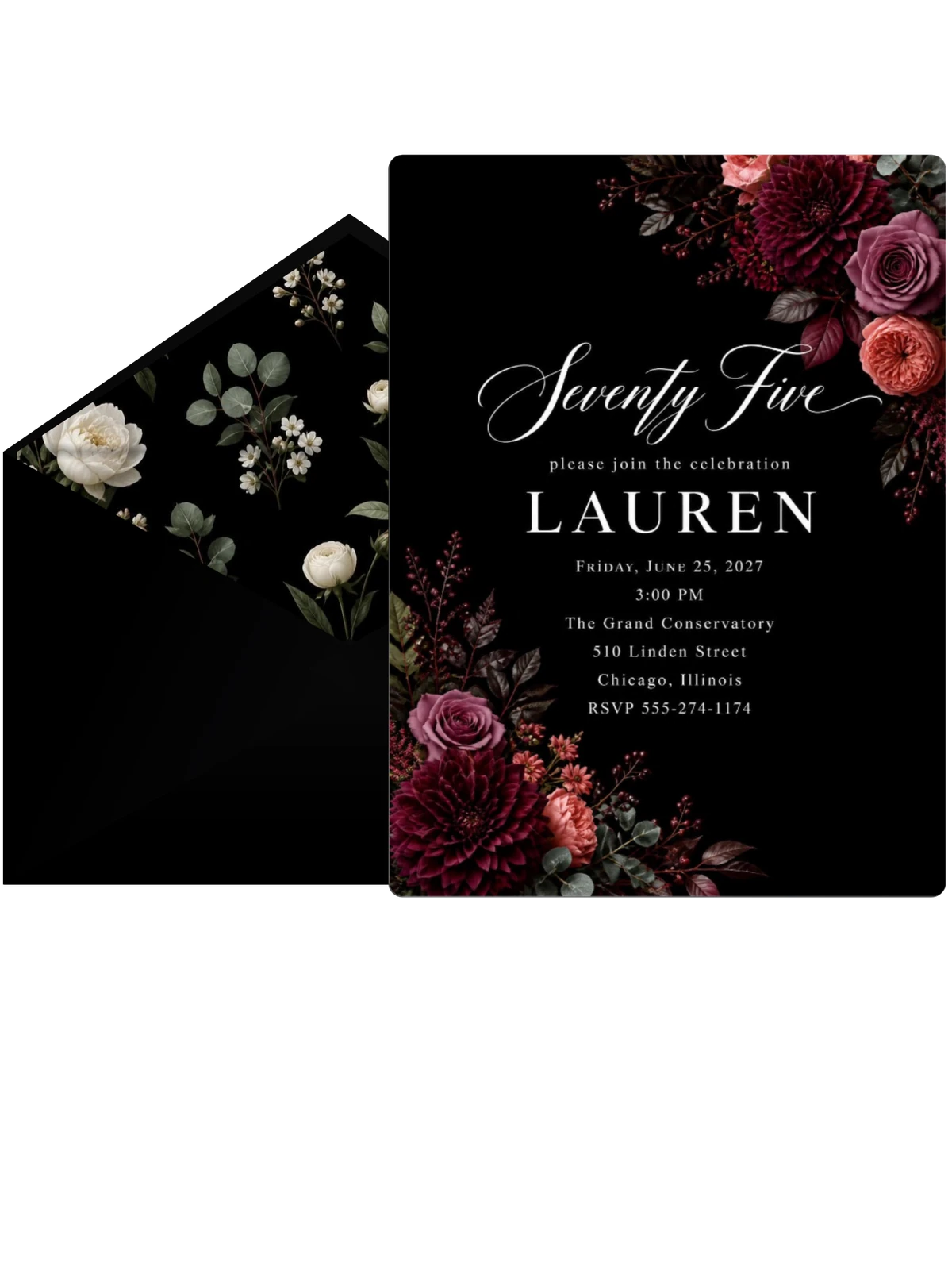 Black Floral 75th Birthday Invitation