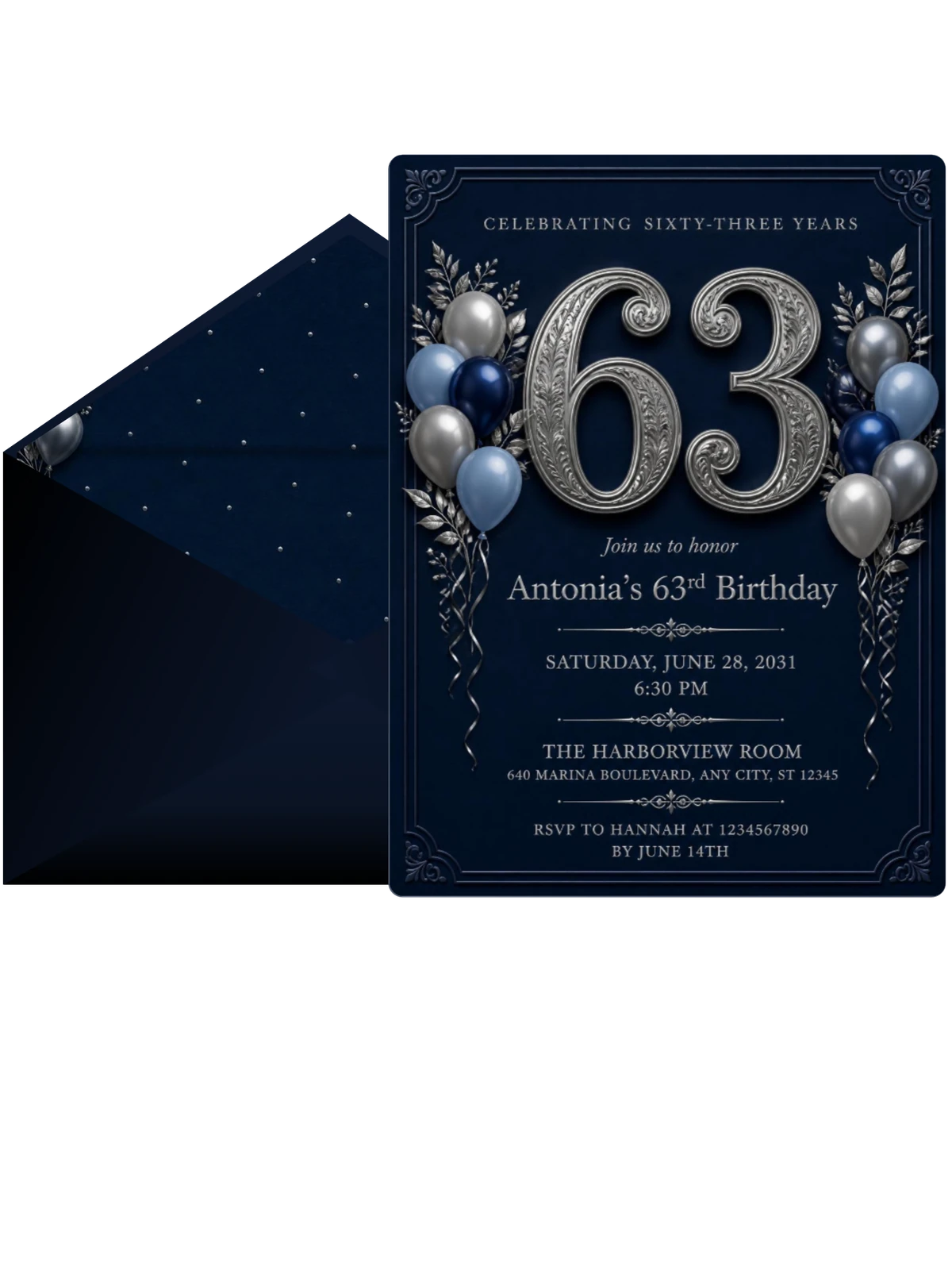 Navy and Silver 63rd Birthday Invitation