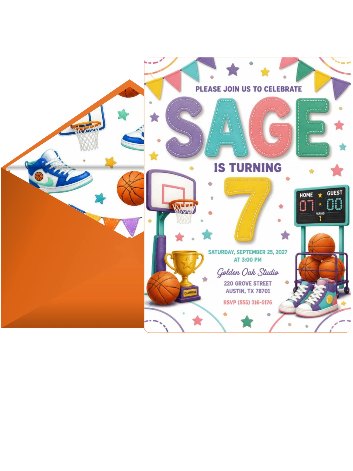 Stitched Basketball 7th Birthday Invitation