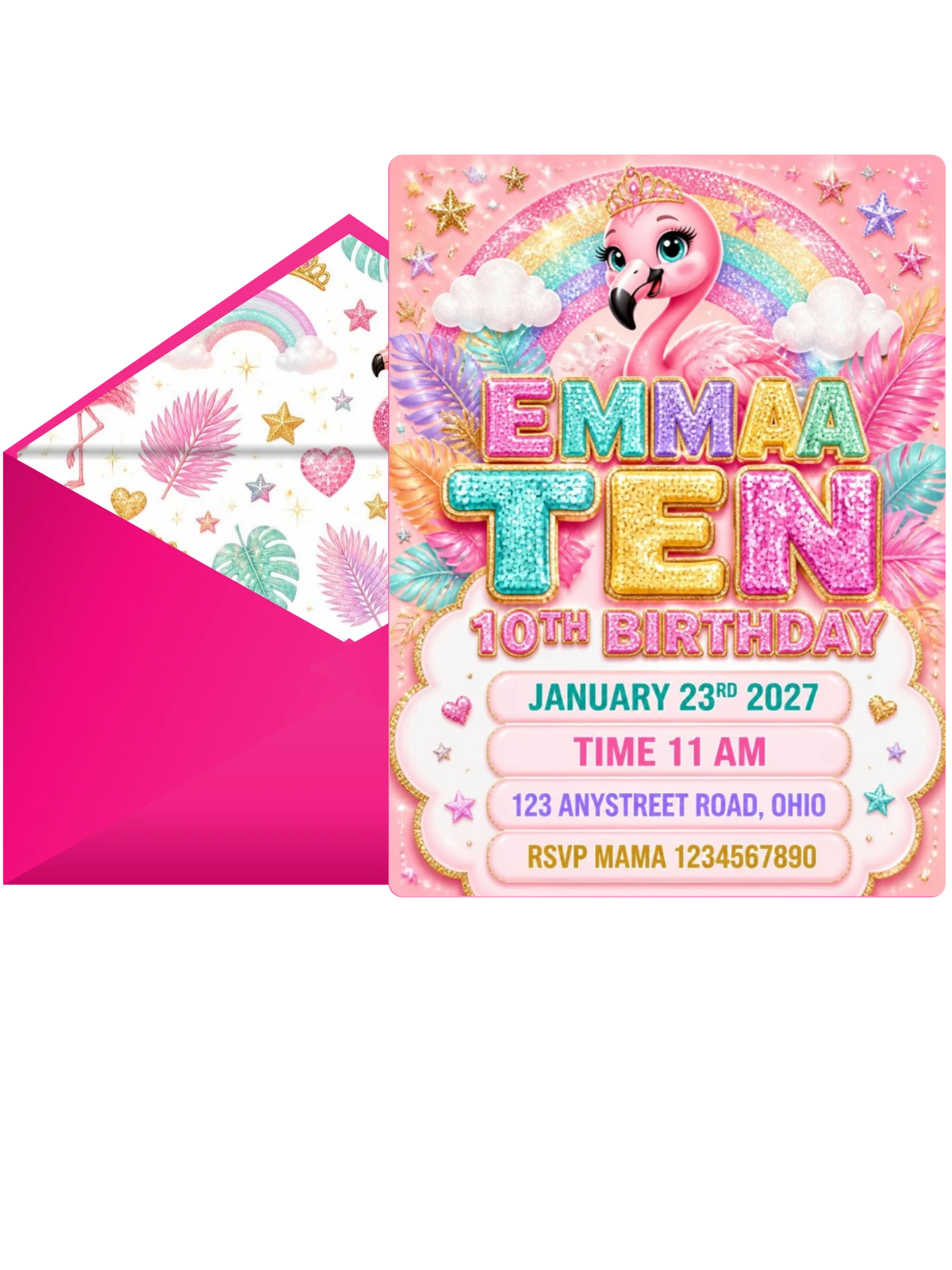 Glitter Flamingo 10th Birthday Invitation