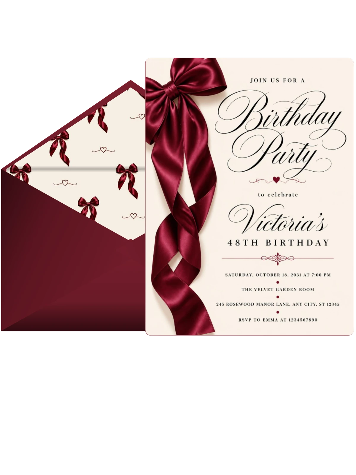 Burgundy Satin Bow 48th Birthday Invitation