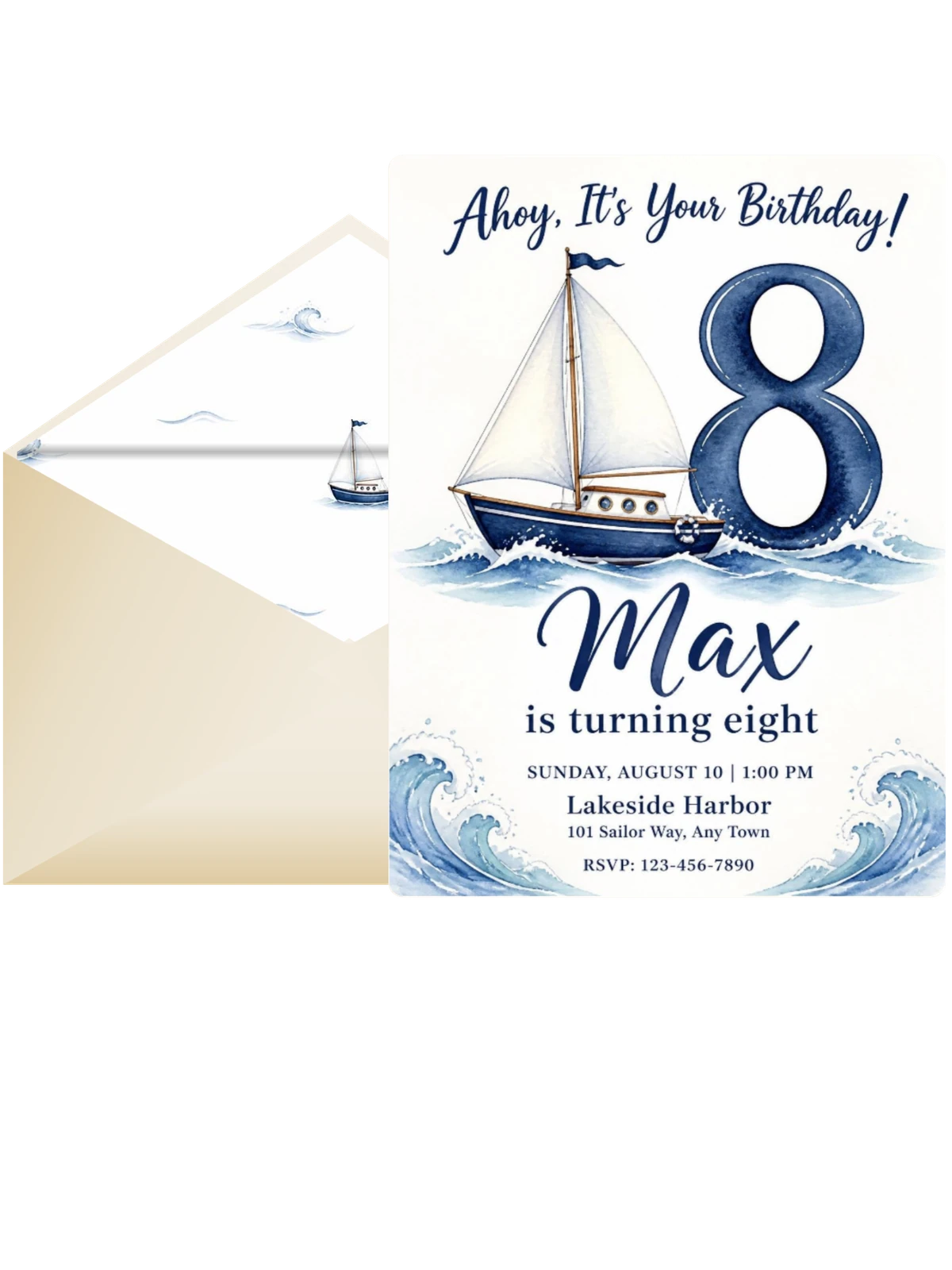 Navy Watercolor Sailboat 8th Birthday