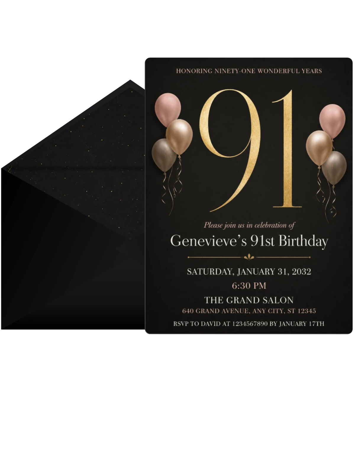 Charcoal and Blush 91st Birthday Invitation