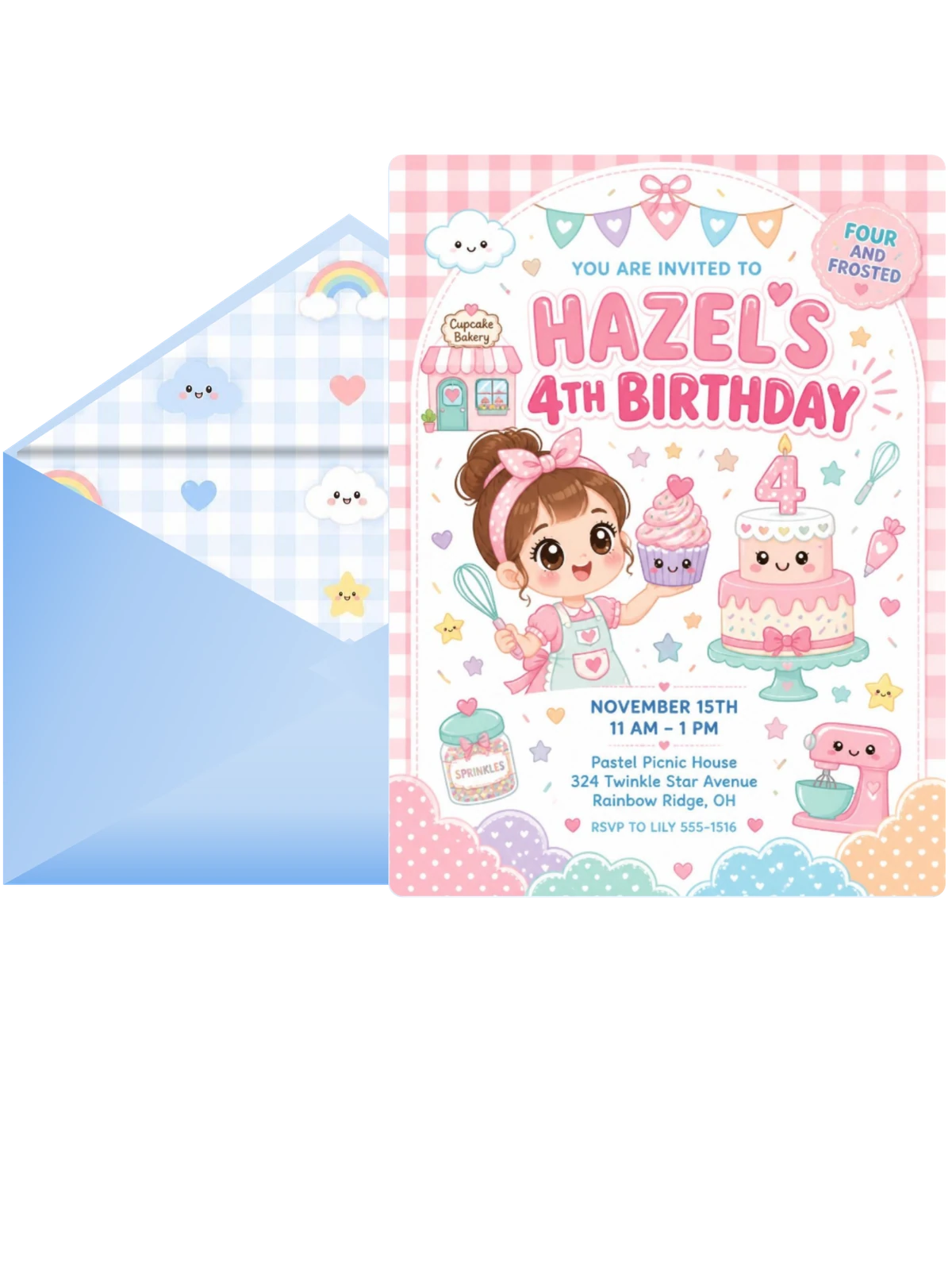 Tiered Cake Kawaii 4th Birthday Invitation