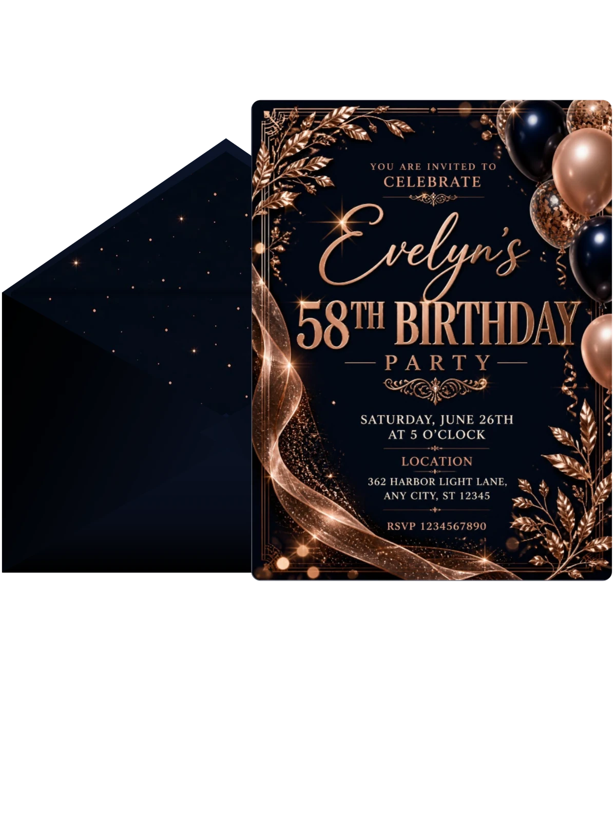 Navy and Rose Gold 58th Birthday Invitation