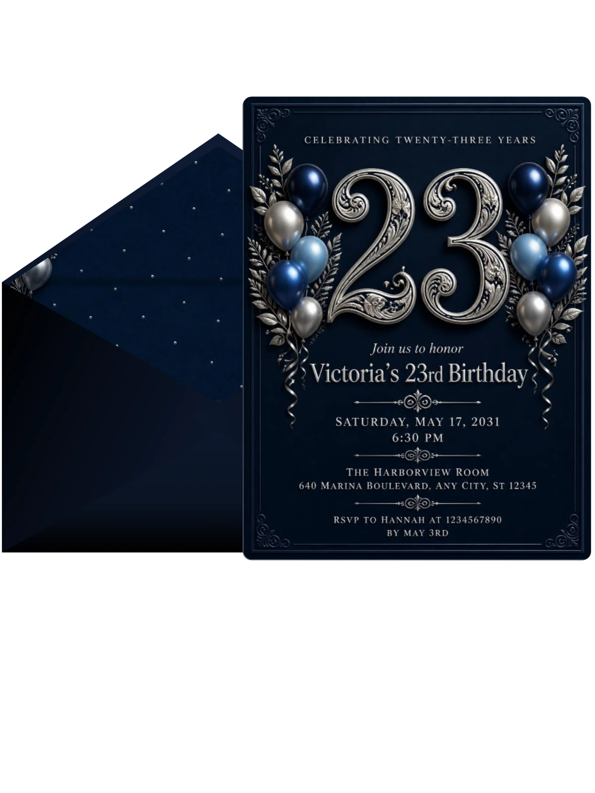 Navy and Silver 23rd Birthday Invitation