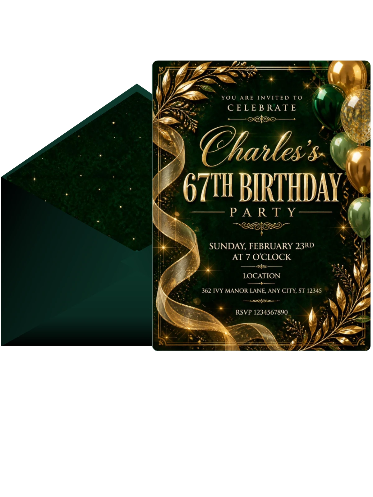 Emerald and Champagne 67th Birthday Invitation