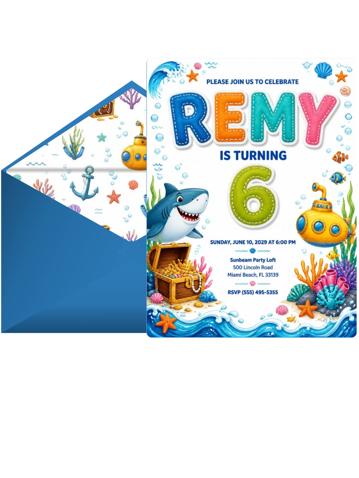 Stitched Shark 6th Birthday Invitation