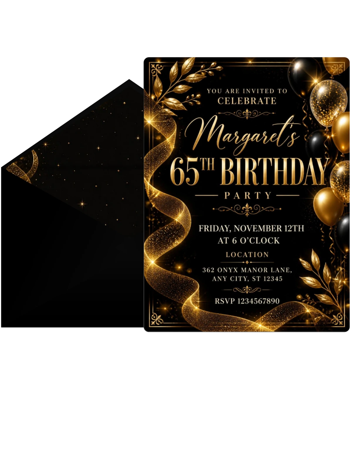 Black and Gold 65th Birthday Invitation