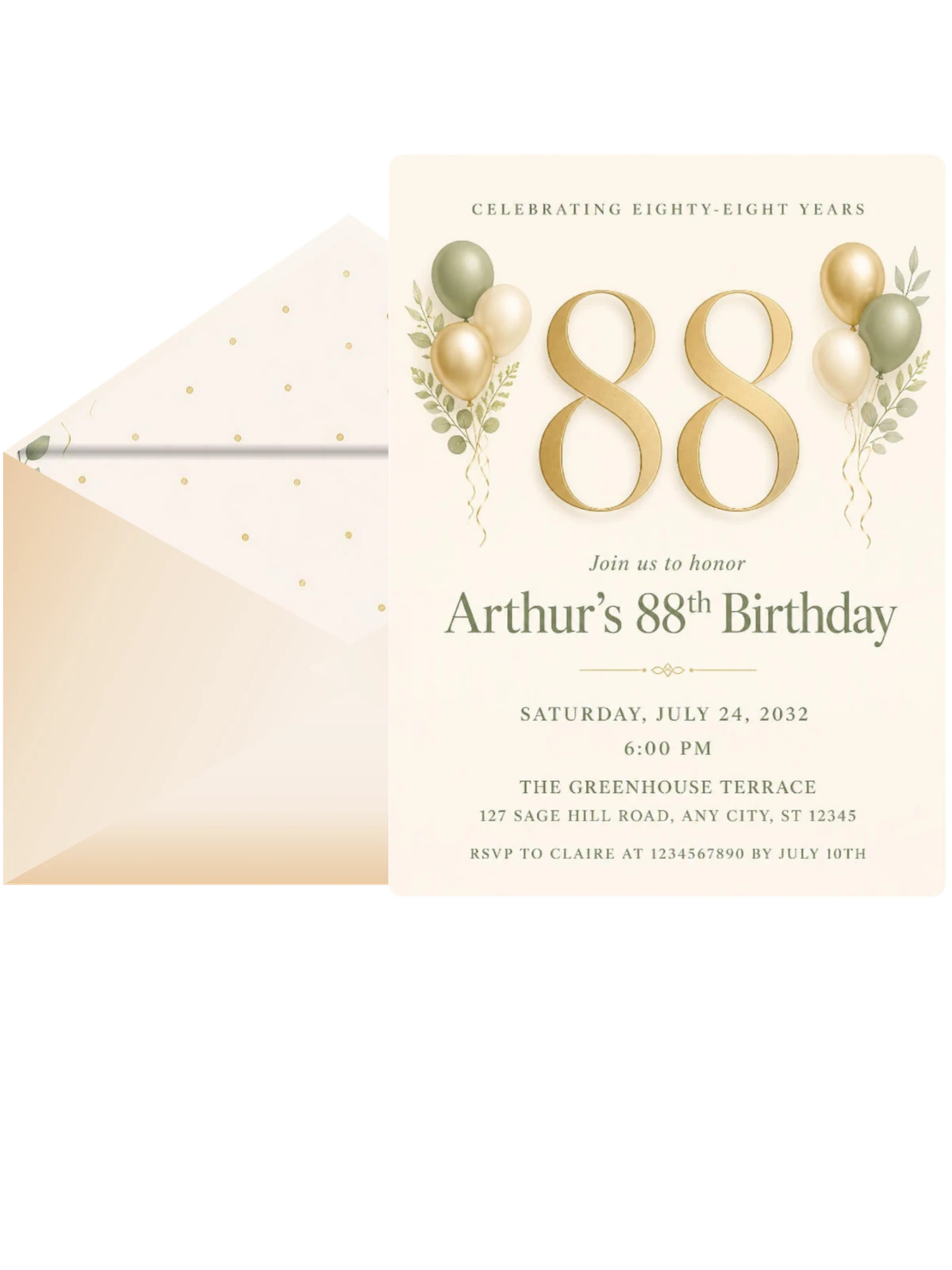 Sage and Ivory 88th Birthday Invitation