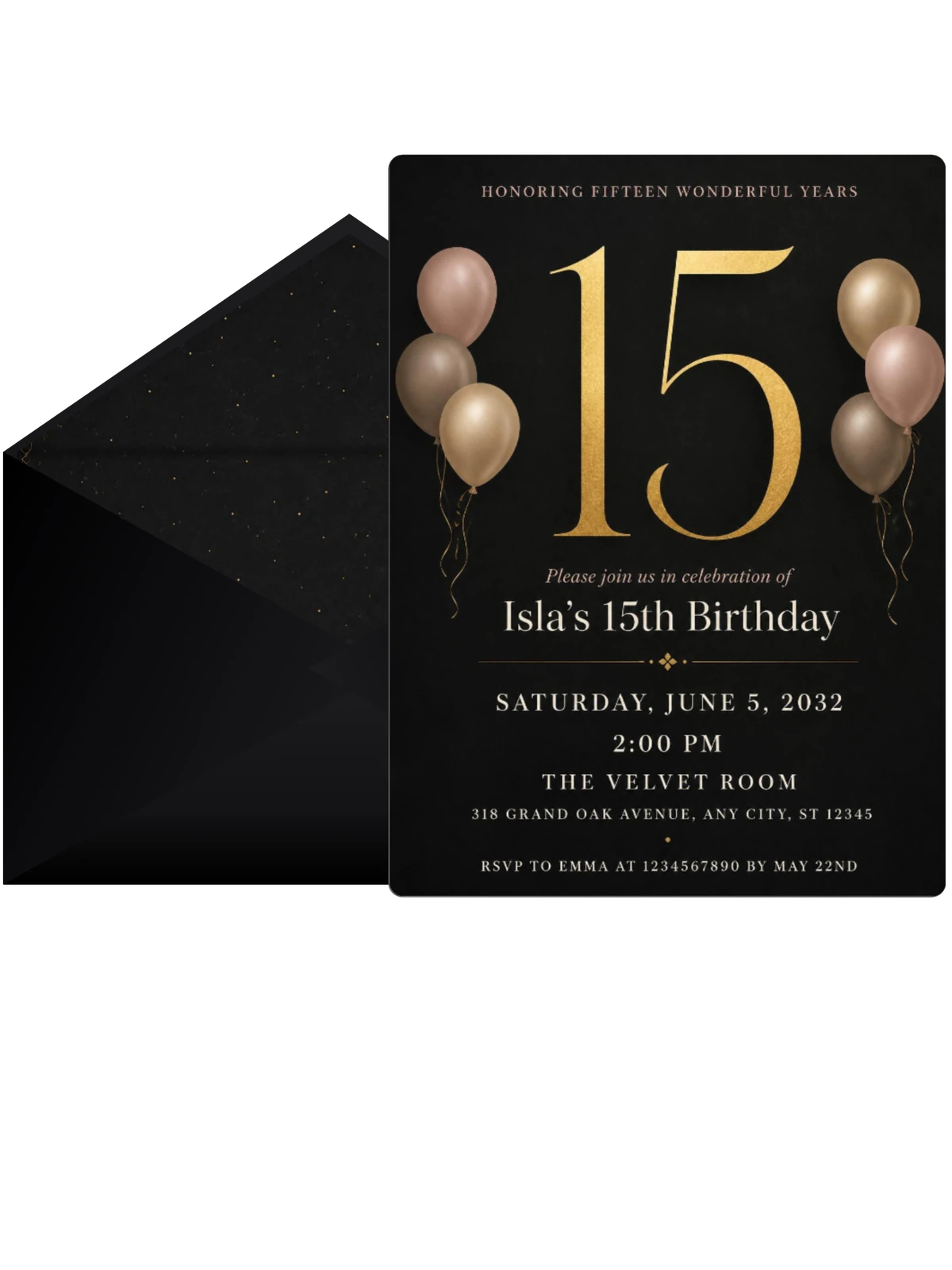 Charcoal and Blush 15th Birthday Invitation