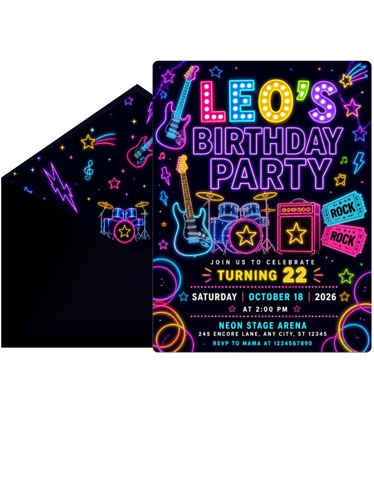Neon Rock Star 22nd Birthday Invitation