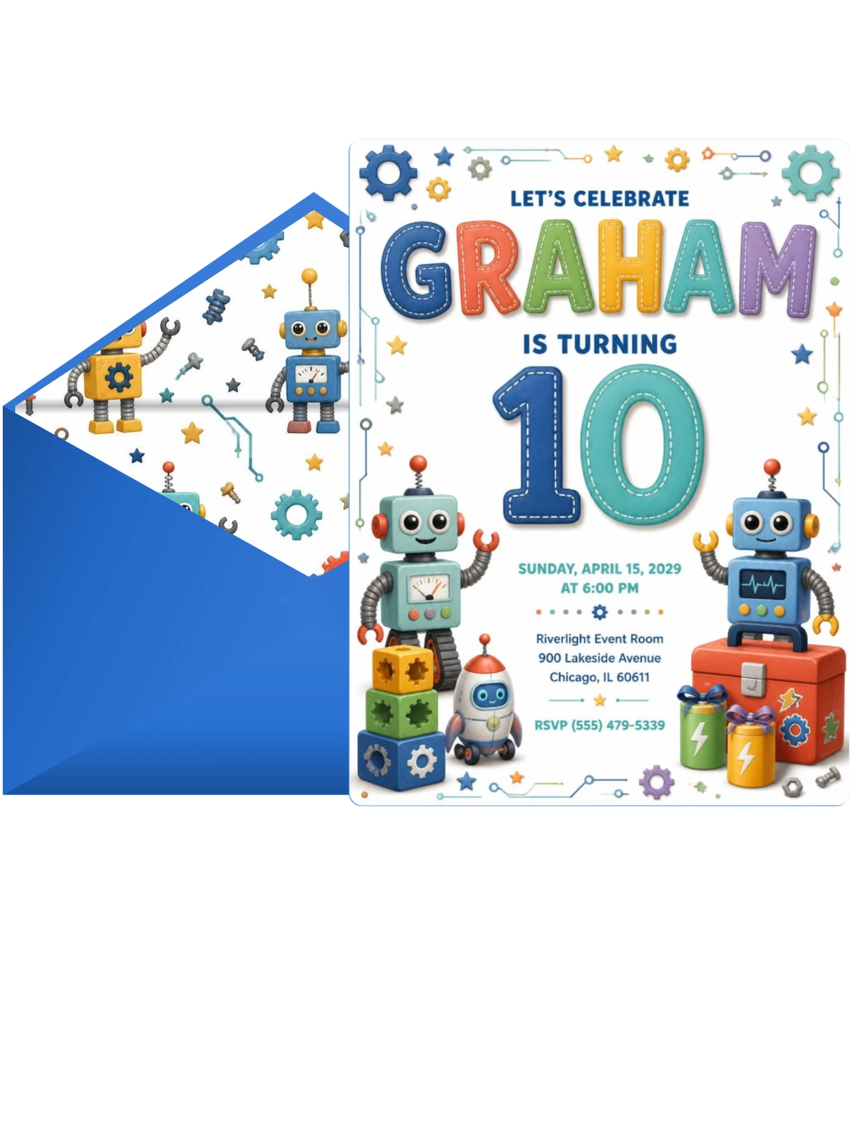 Stitched Robot 10th Birthday Invitation