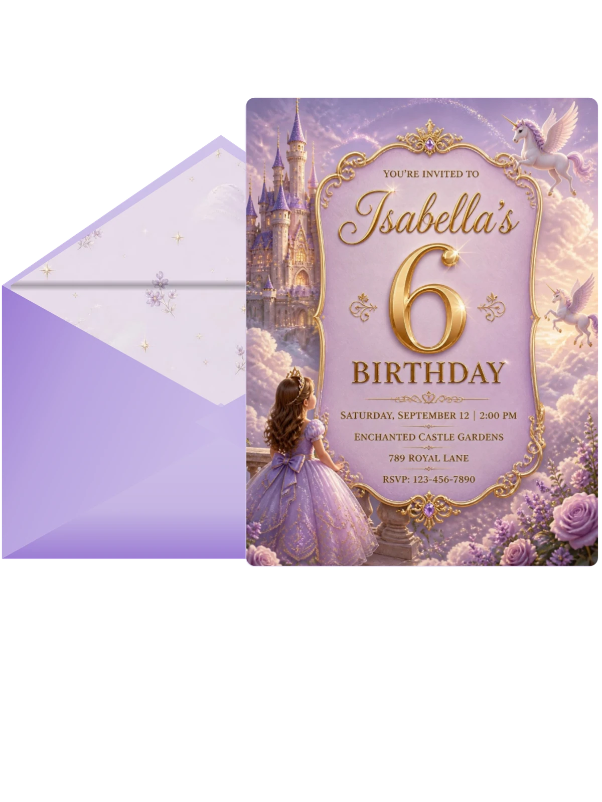 Lavender Castle Unicorn 6th Birthday Invitation