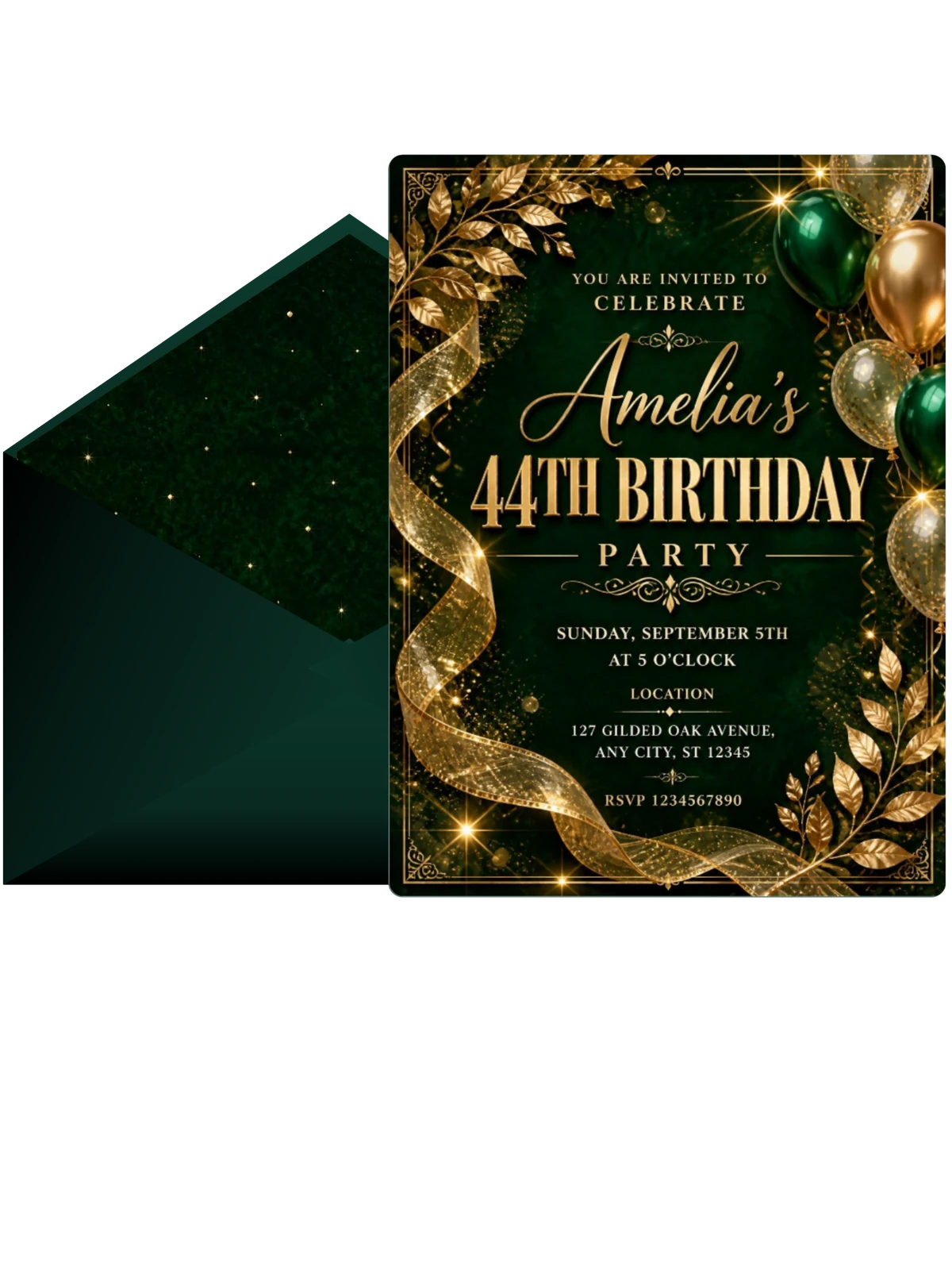 Emerald and Champagne 44th Birthday Invitation