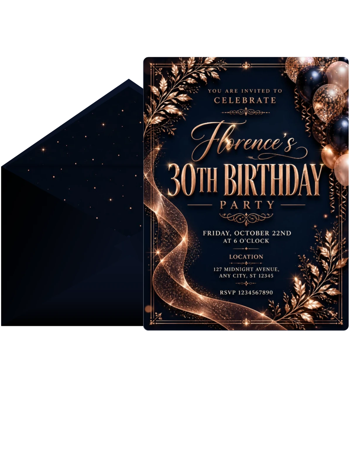 Navy and Rose Gold 30th Birthday Invitation