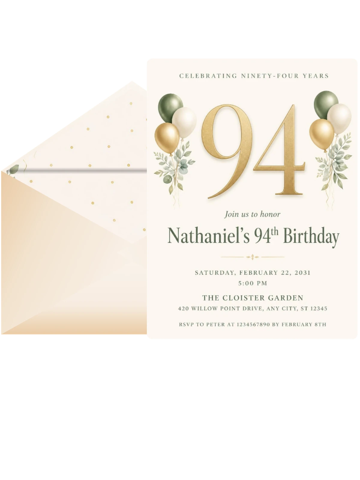 Sage and Ivory 94th Birthday Invitation