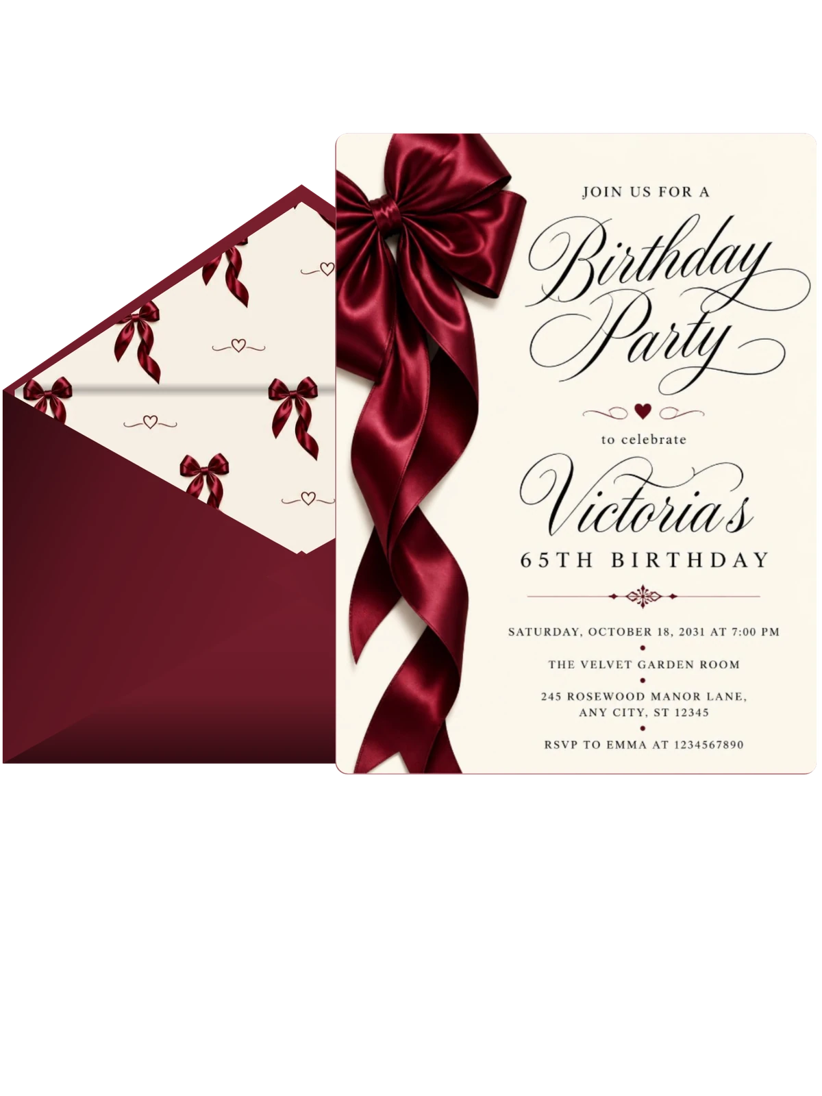 Burgundy Satin Bow 65th Birthday Invitation