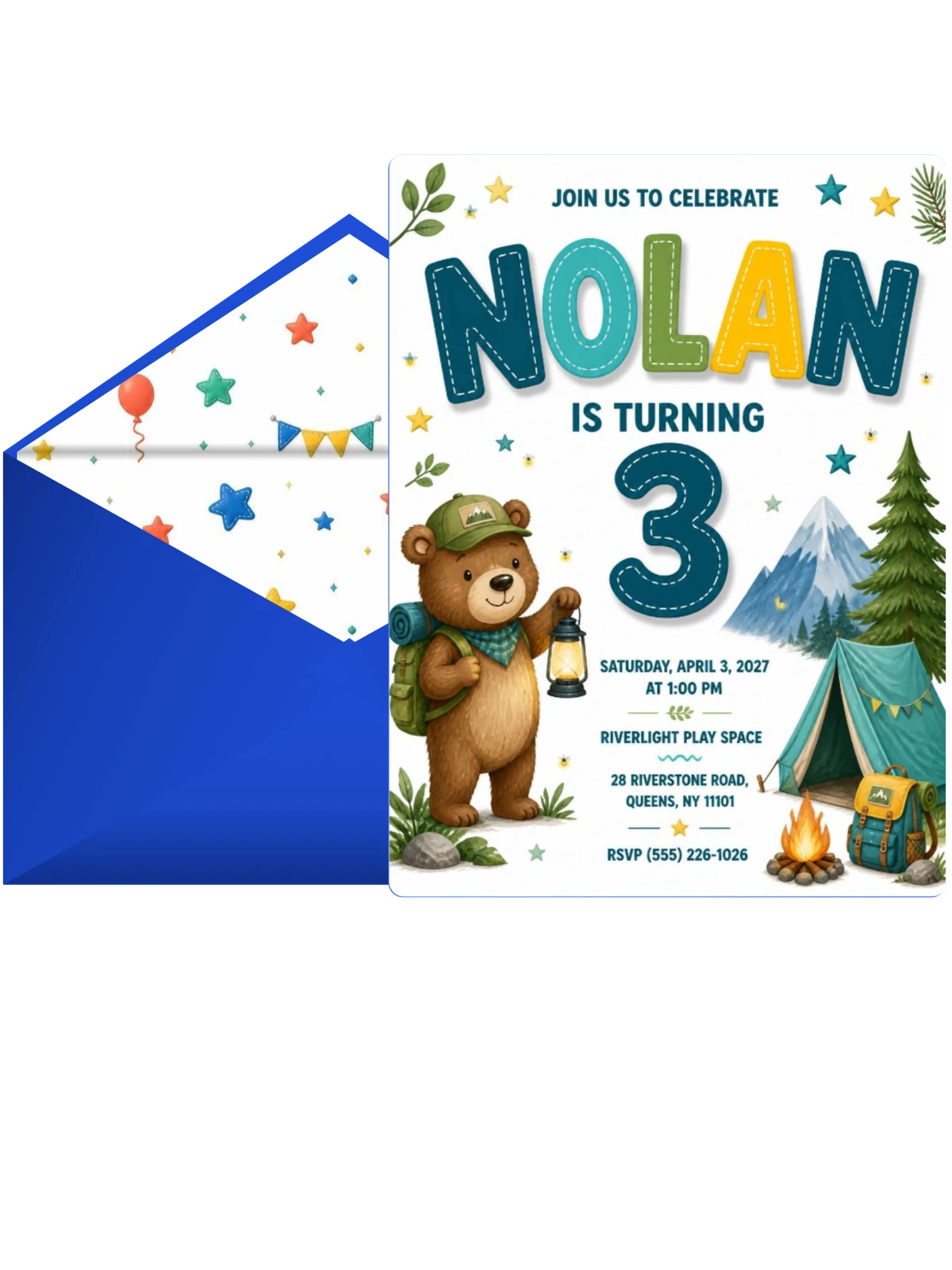 Campsite Stitched 3rd Birthday Invitation