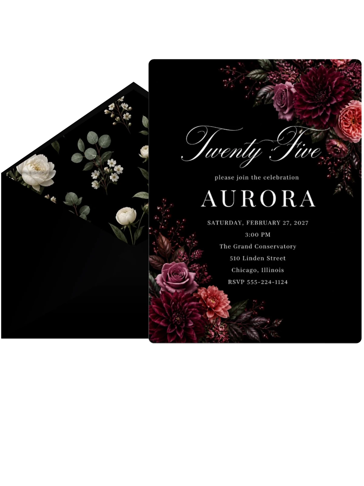 Black Floral 25th Birthday Invitation