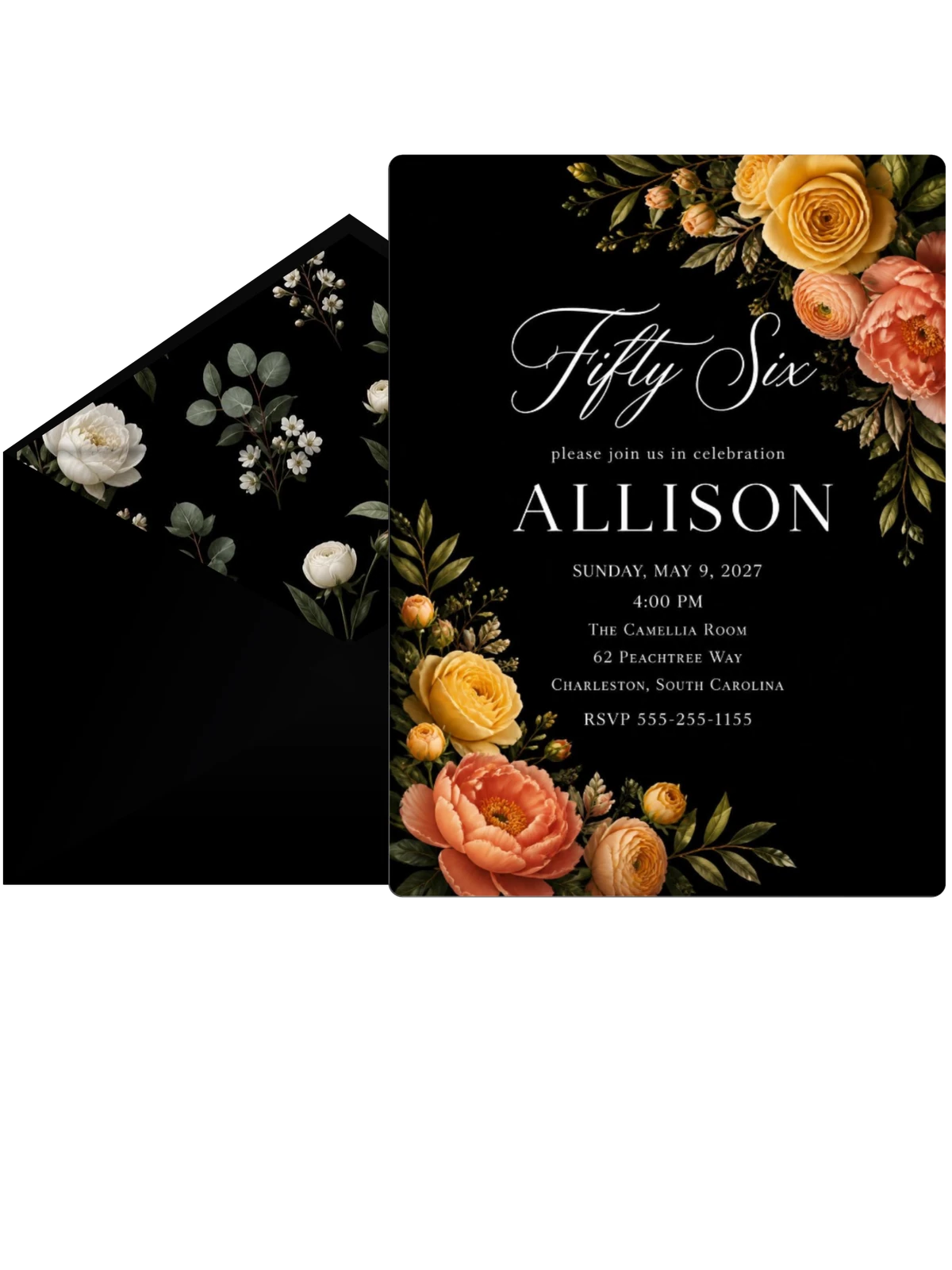 Black Floral 56th Birthday Invitation
