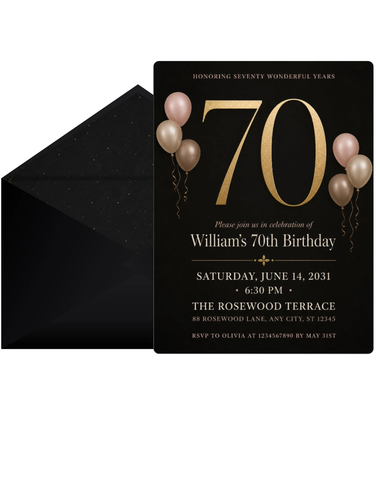 Charcoal and Blush 70th Birthday Invitation