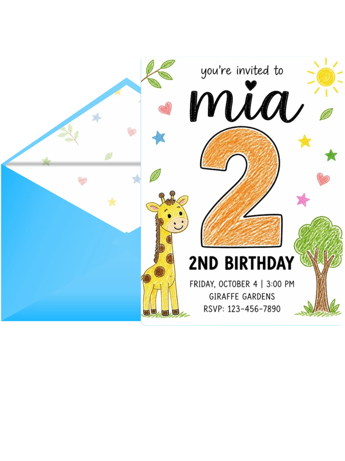 Crayon Giraffe 2nd Birthday Invitation