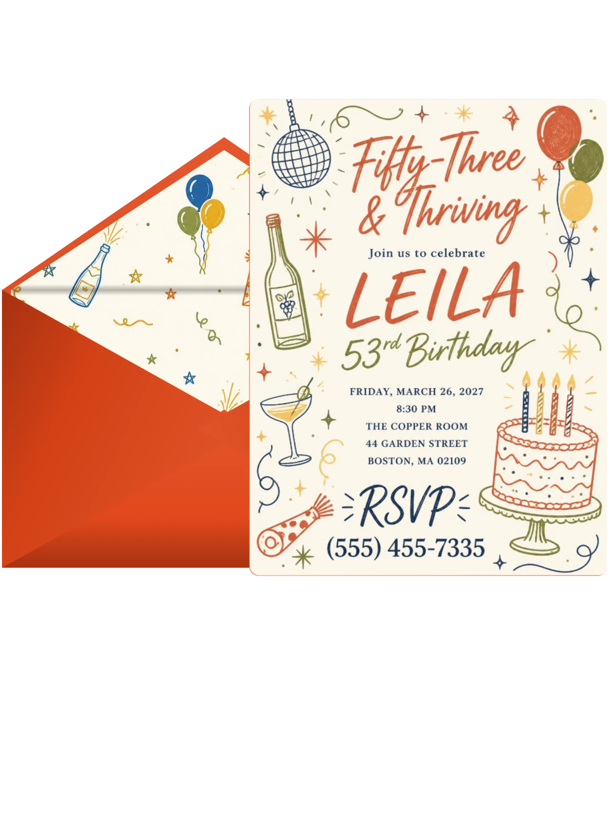 Retro Doodle 53rd Birthday Invitation