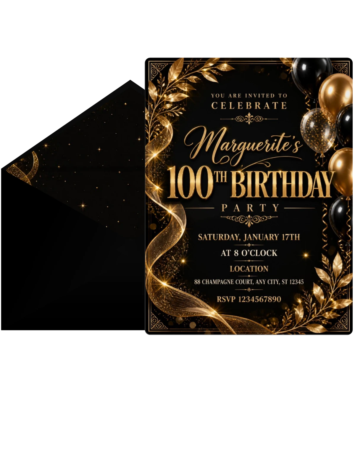 Black and Gold 100th Birthday Invitation