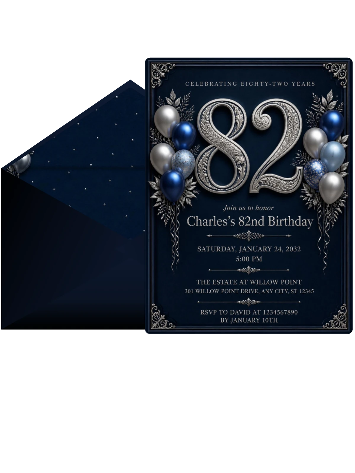Navy and Silver 82nd Birthday Invitation