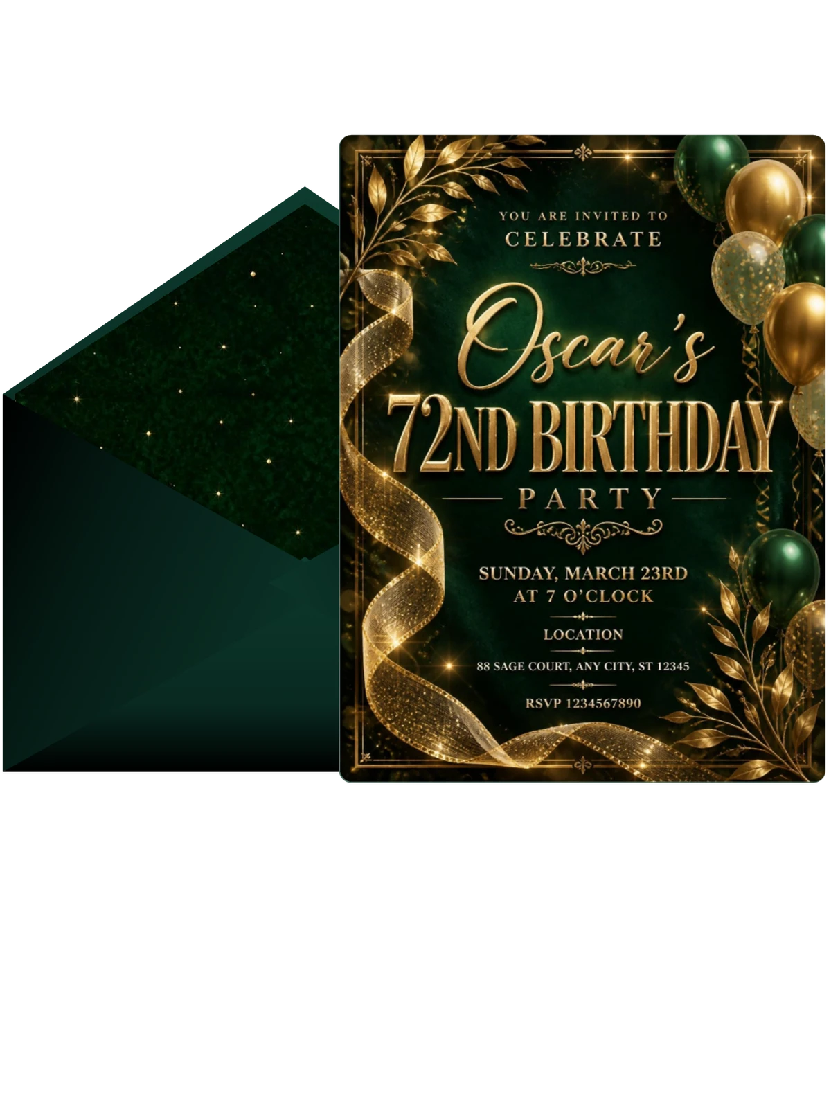 Emerald and Champagne 72nd Birthday Invitation