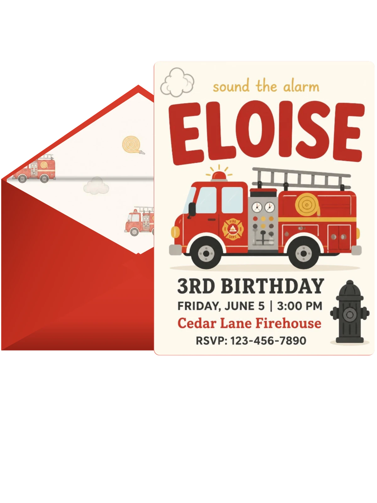 Fire Engine Motif 3rd Birthday Invitation