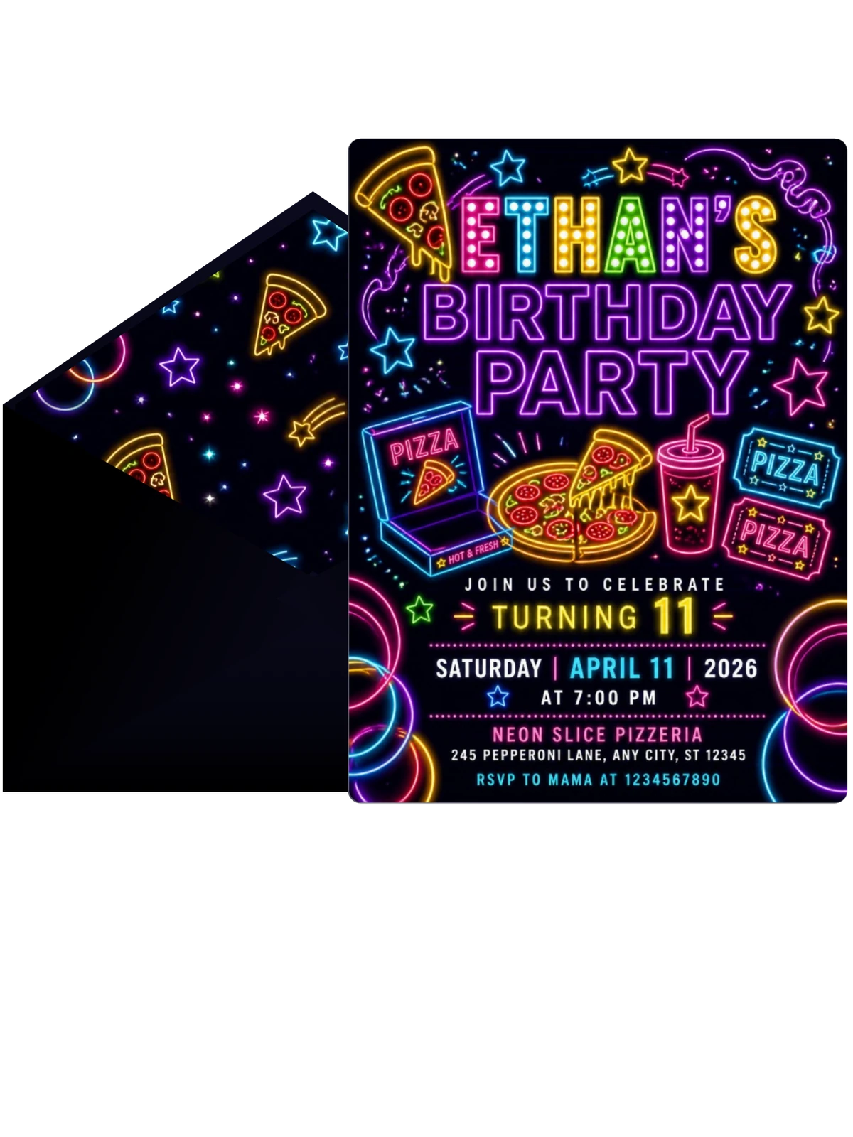 Neon Pizza 11th Birthday Invitation