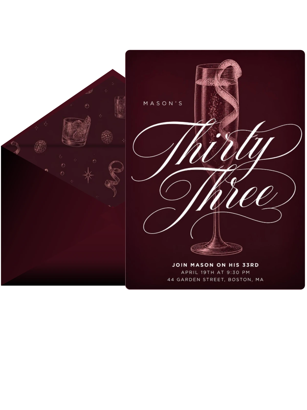 Burgundy Cocktail 33rd Birthday Invitation
